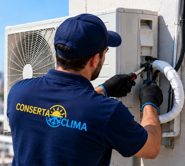 Técnico da Conserta Clima trabalhando em unidade externa